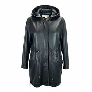 Preswick & Moore Vintage Black Hooded Leather Parka Jacket Cinch Waist Large